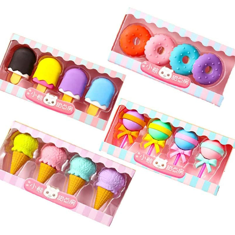 Cute Ice Cream & Donut Shaped Erasers Set – 4 Pcs