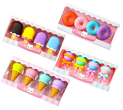 Cute Ice Cream & Donut Shaped Erasers Set – 4 Pcs