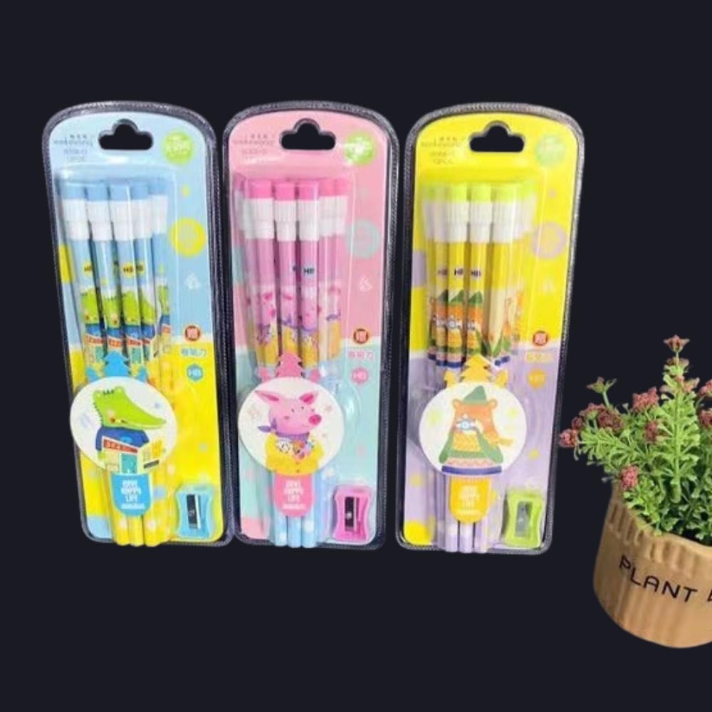 Cartoon Pencils With Eraser  & Shapner – Pack of 12