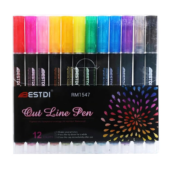 Double Line Outline Glitter Pens Set of 12