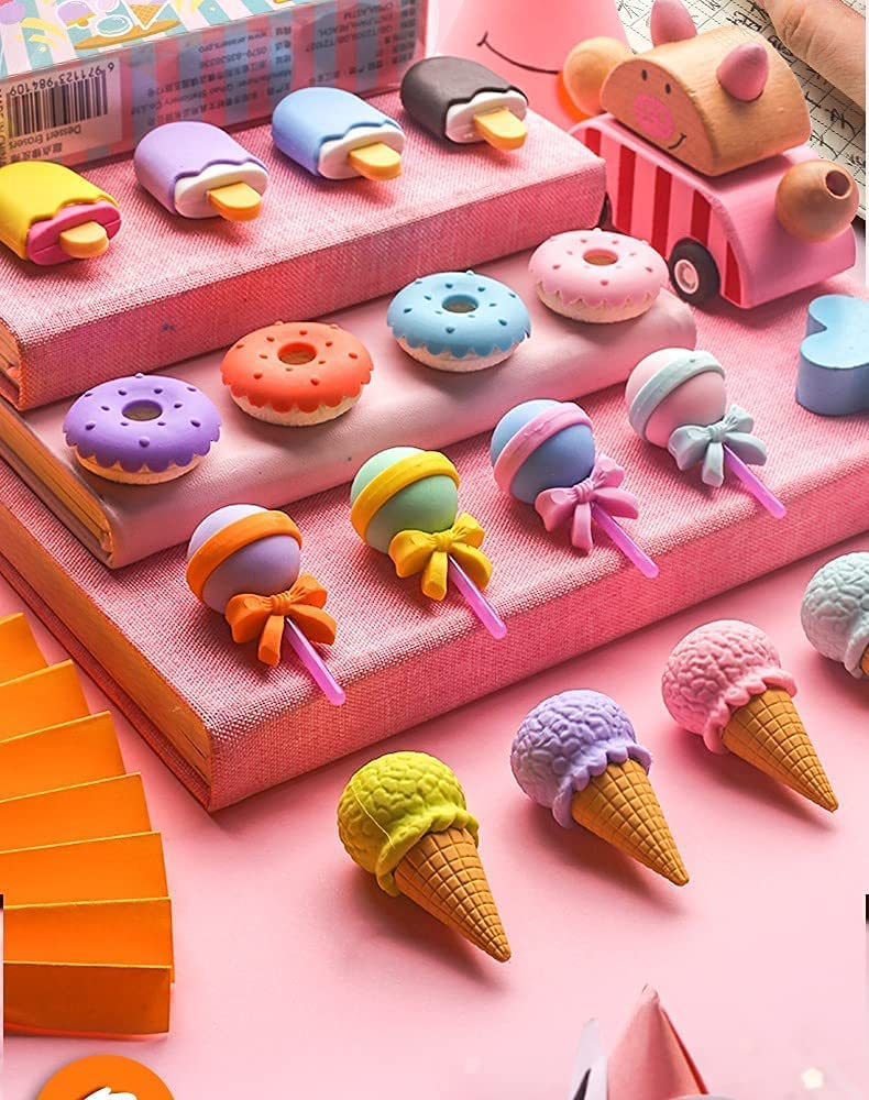 Cute Ice Cream & Donut Shaped Erasers Set – 4 Pcs