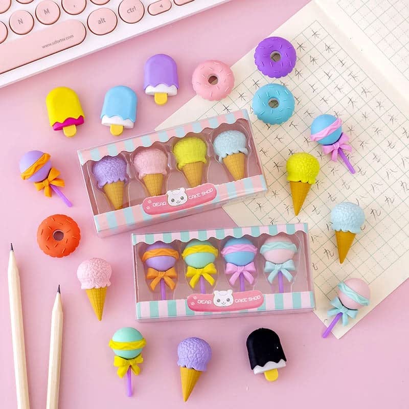 Cute Ice Cream & Donut Shaped Erasers Set – 4 Pcs