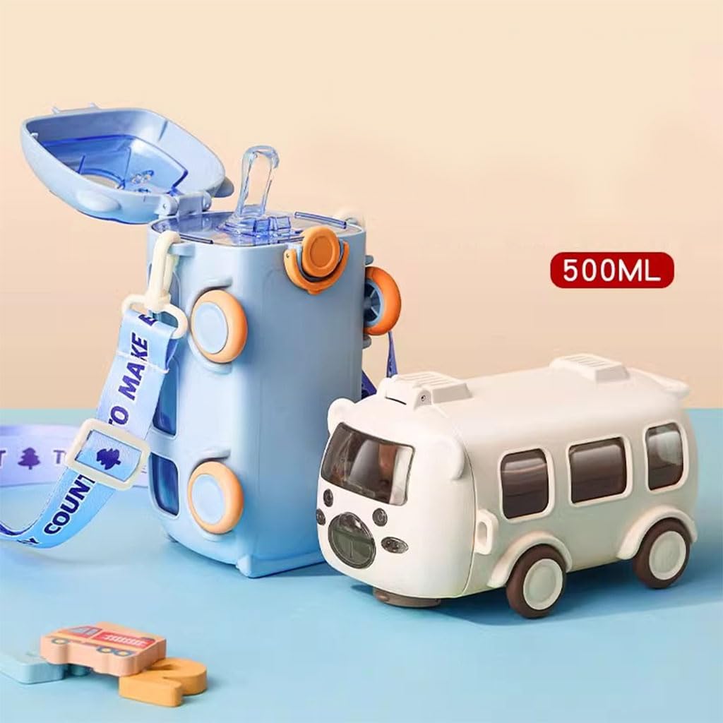 Bus-Shape Water Bottle (500ml, Straw + Wheels)