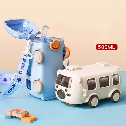 Bus-Shape Water Bottle (500ml, Straw + Wheels)