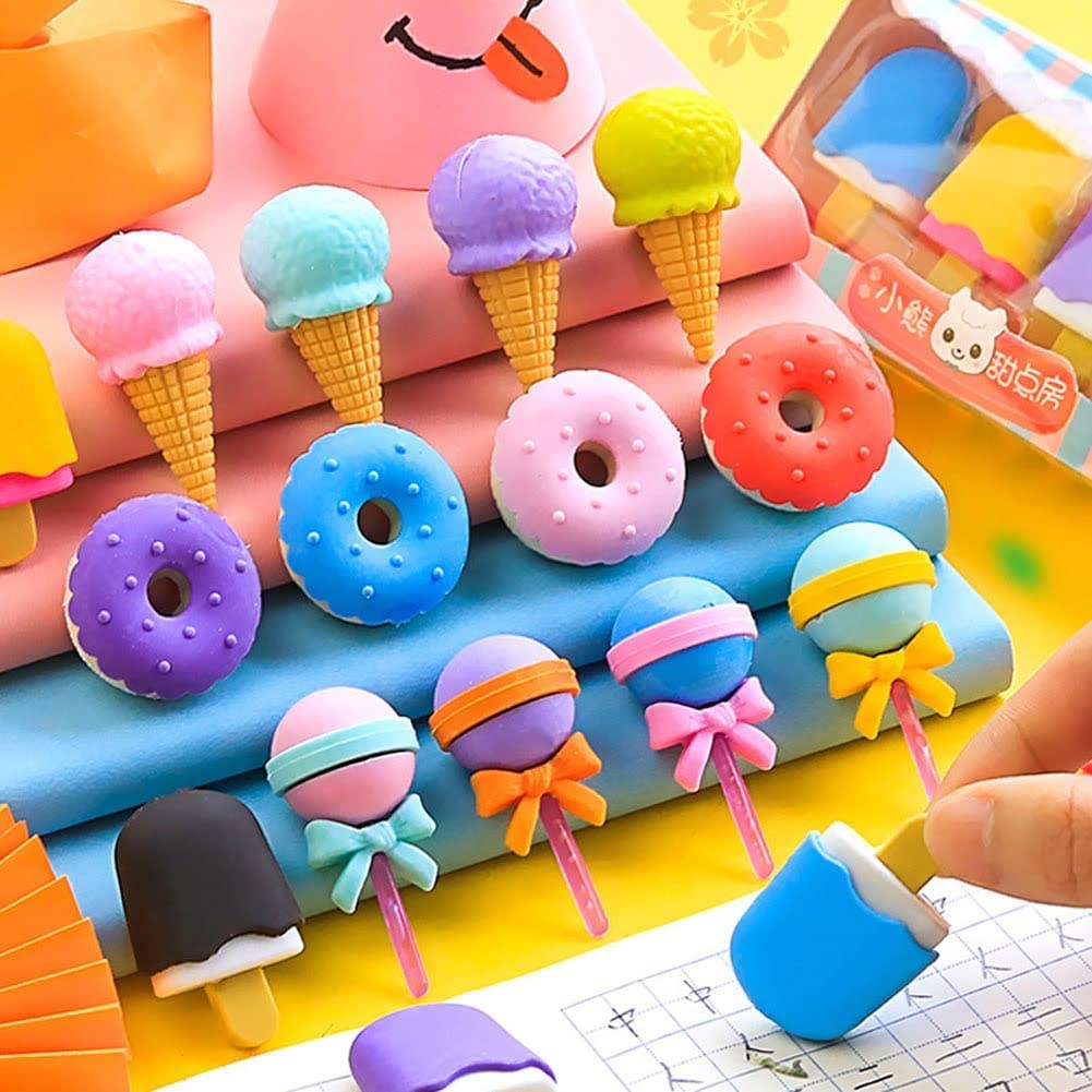 Cute Ice Cream & Donut Shaped Erasers Set – 4 Pcs