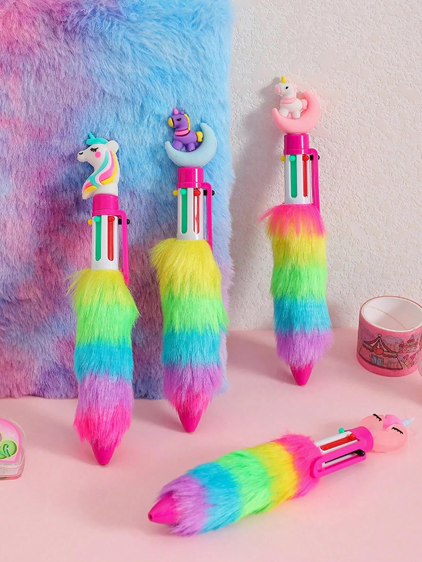 Unicorn Push Pens with Multicolored Fur- Set of 4
