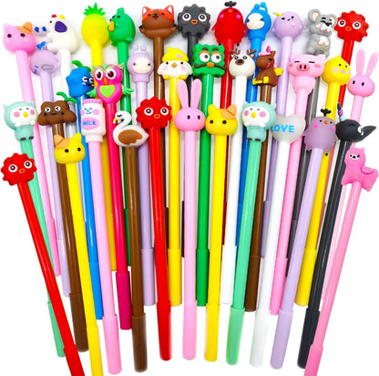 Cute Animal Gel Pens, 30 Pack Assorted Colors, Kawaii Character Designs, 0.5mm Writing Point