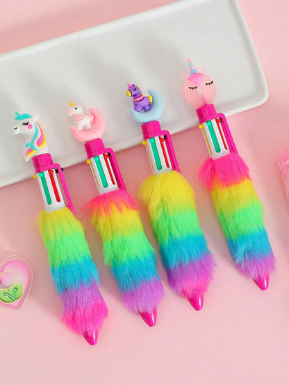 Unicorn Push Pens with Multicolored Fur- Set of 4