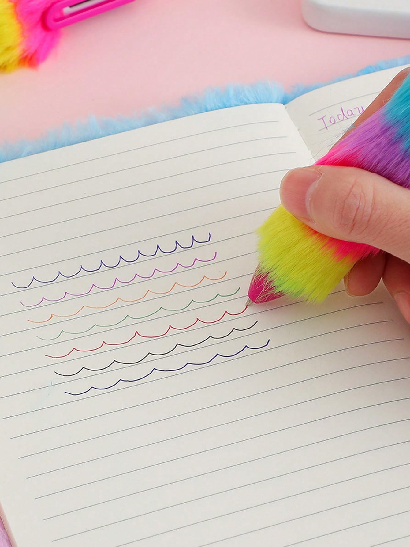 Unicorn Push Pens with Multicolored Fur- Set of 4