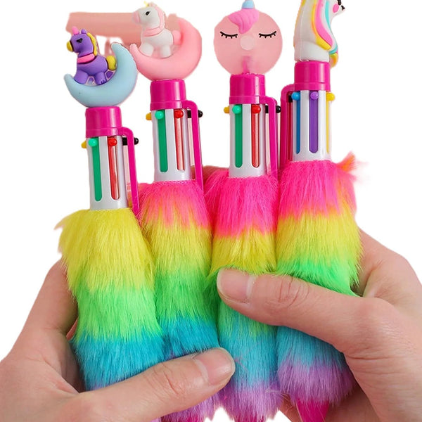 Unicorn Push Pens with Multicolored Fur- Set of 4