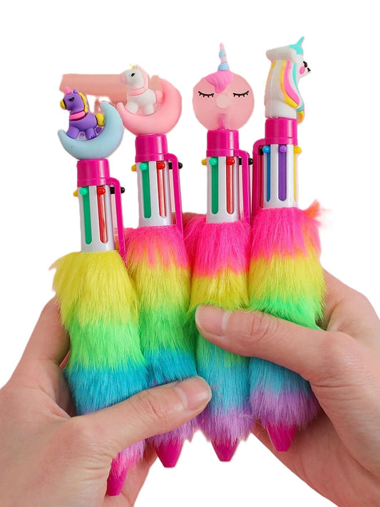 Unicorn Push Pens with Multicolored Fur- Set of 4