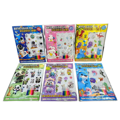 Kids Coloring Kit – 5 Water Sketches + 4 Double-Sided Coloring Cards + Stickers